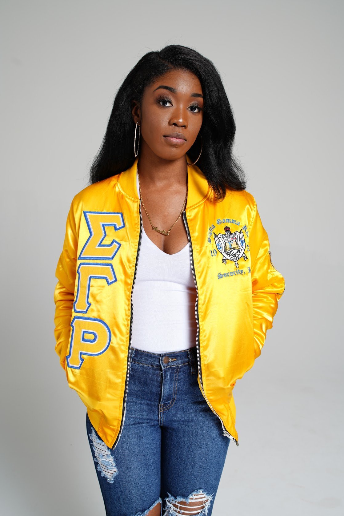 Sigma Gamma Rho Satin Bomber Jacket - DVN Co.